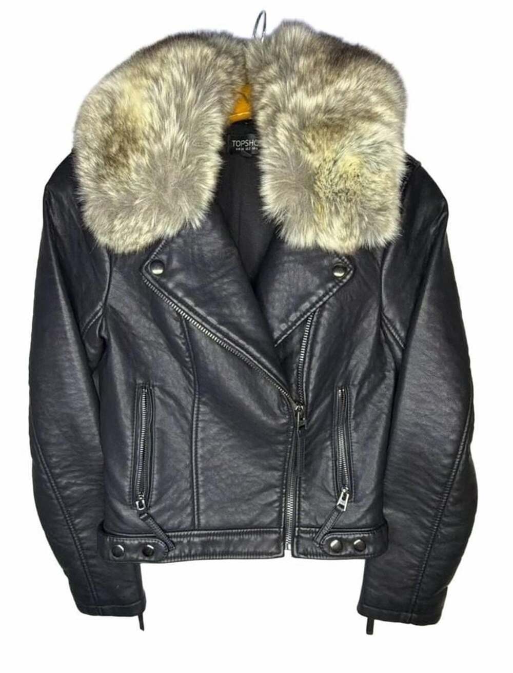 Topshop Faux Leather Biker Jacket US 2 Black Faux Fur Collar